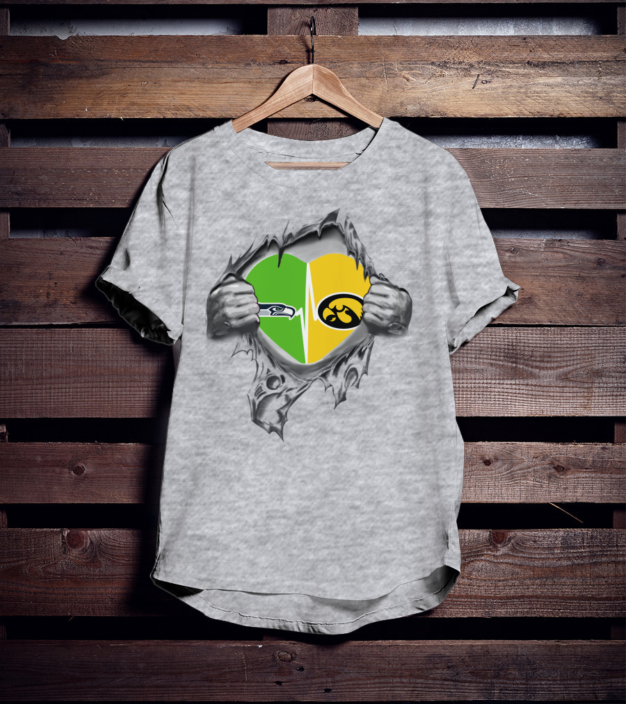Hawkeyes Seahawks Heart Split Torn Grey Background T-Shirt