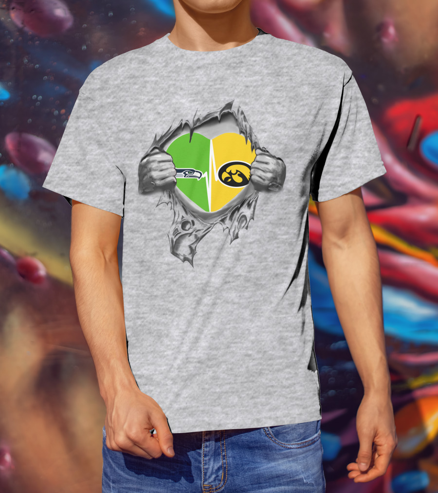 Hawkeyes Seahawks Heart Split Torn Grey Background T-Shirt