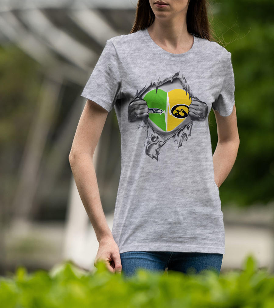 Hawkeyes Seahawks Heart Split Torn Grey Background T-Shirt