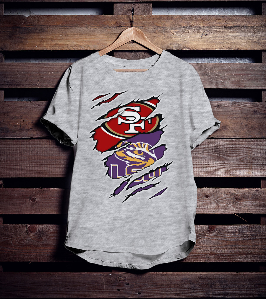 LSU Tigers And San Francisco 49ers Logos On Torn Background T-Shirt