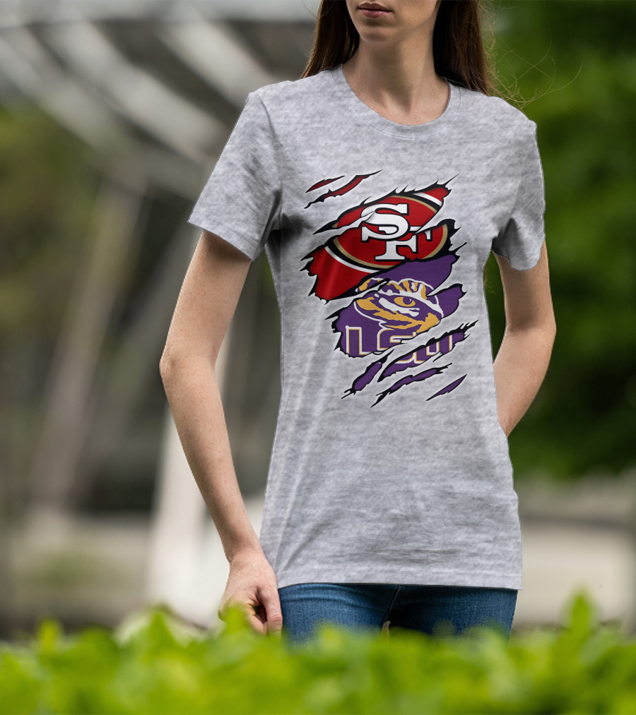 LSU Tigers And San Francisco 49ers Logos On Torn Background T-Shirt