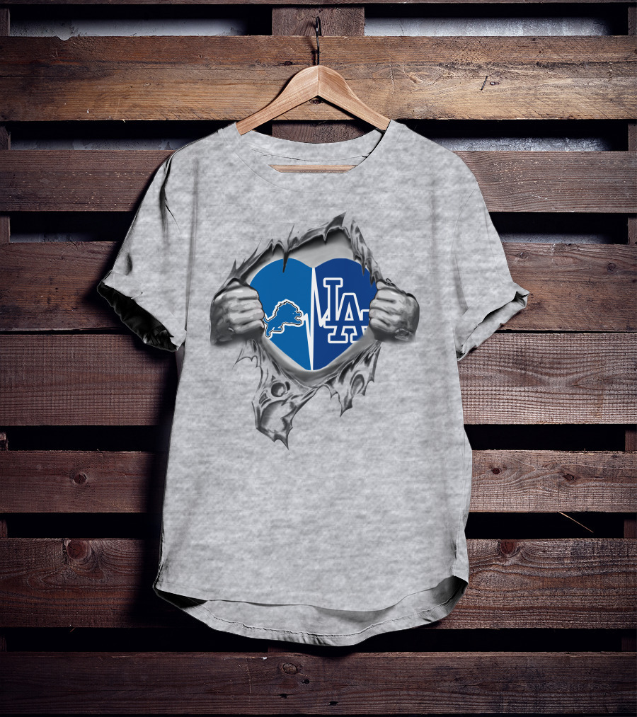 Detroit Lions And Los Angeles Dodgers Heartbeat Passion T-Shirt
