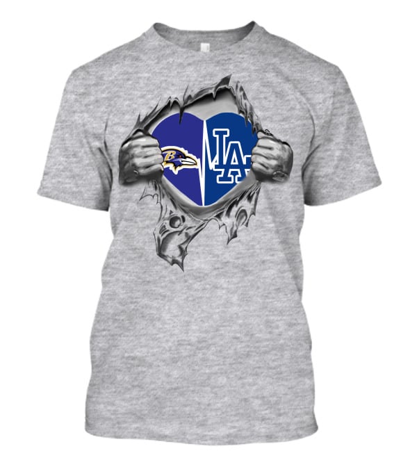 Ravens Dodgers Heart Logos Torn T-Shirt