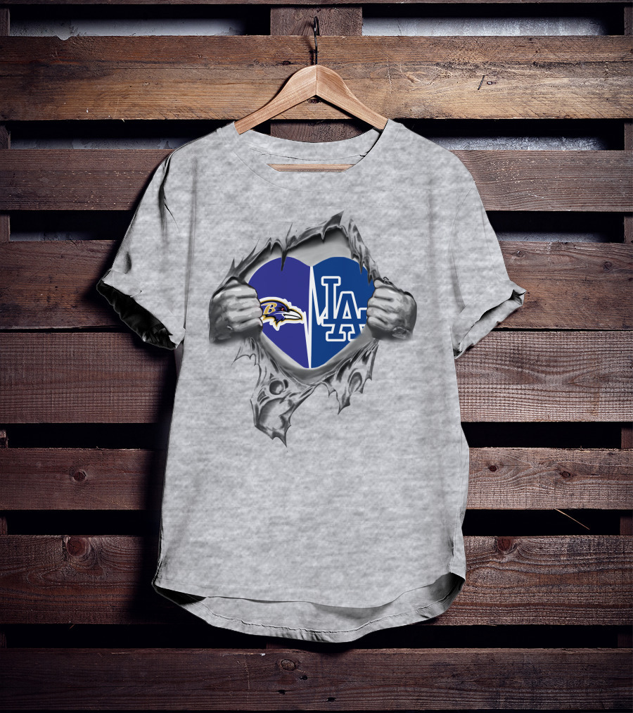 Ravens Dodgers Heart Logos Torn T-Shirt