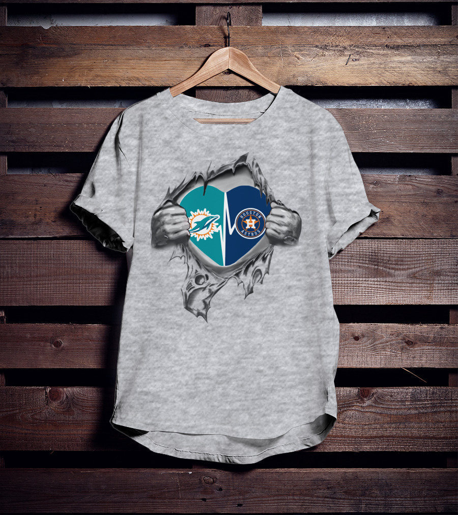 Houston Astros Miami Dolphins Heartbeat Logo Fusion T-Shirt