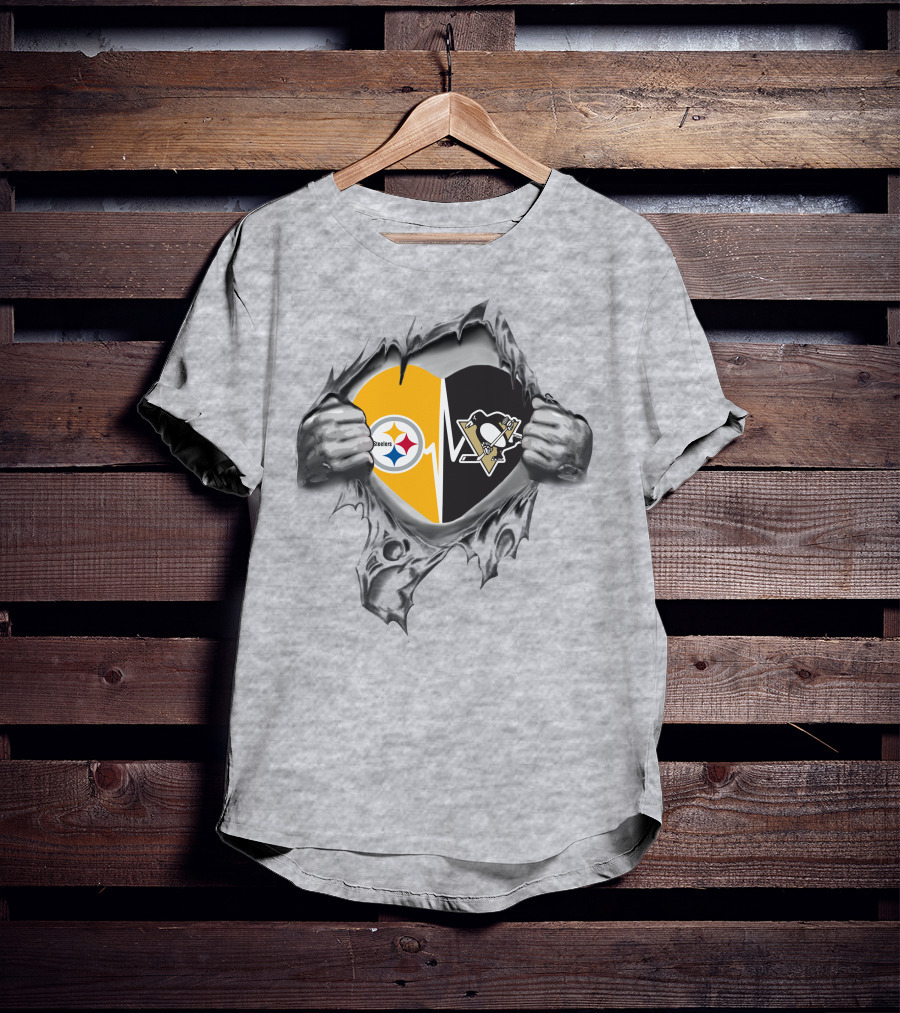 Steelers Penguins Heart With Steelers Star And Penguins Hockey T-Shirt