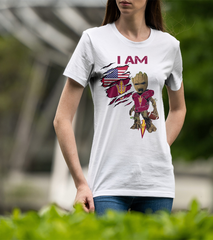 I Am ASU Baby Groot Football American Flag T-Shirt