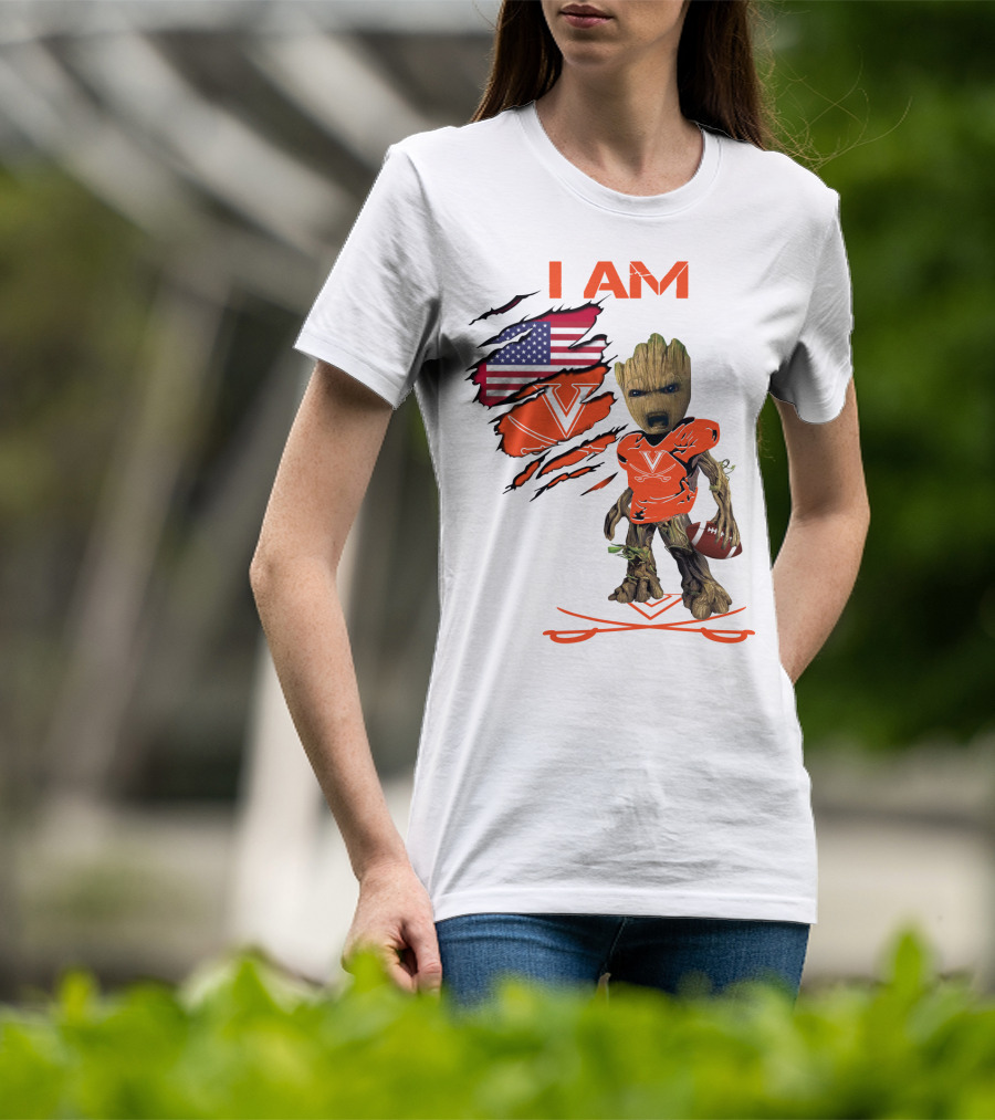 I Am Baby Groot Virginia Cavaliers Football Fan USA Flag T-Shirt