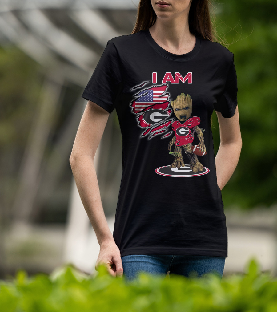 I AM Bulldogs Baby Groot Football G Fan American Flag T-Shirt