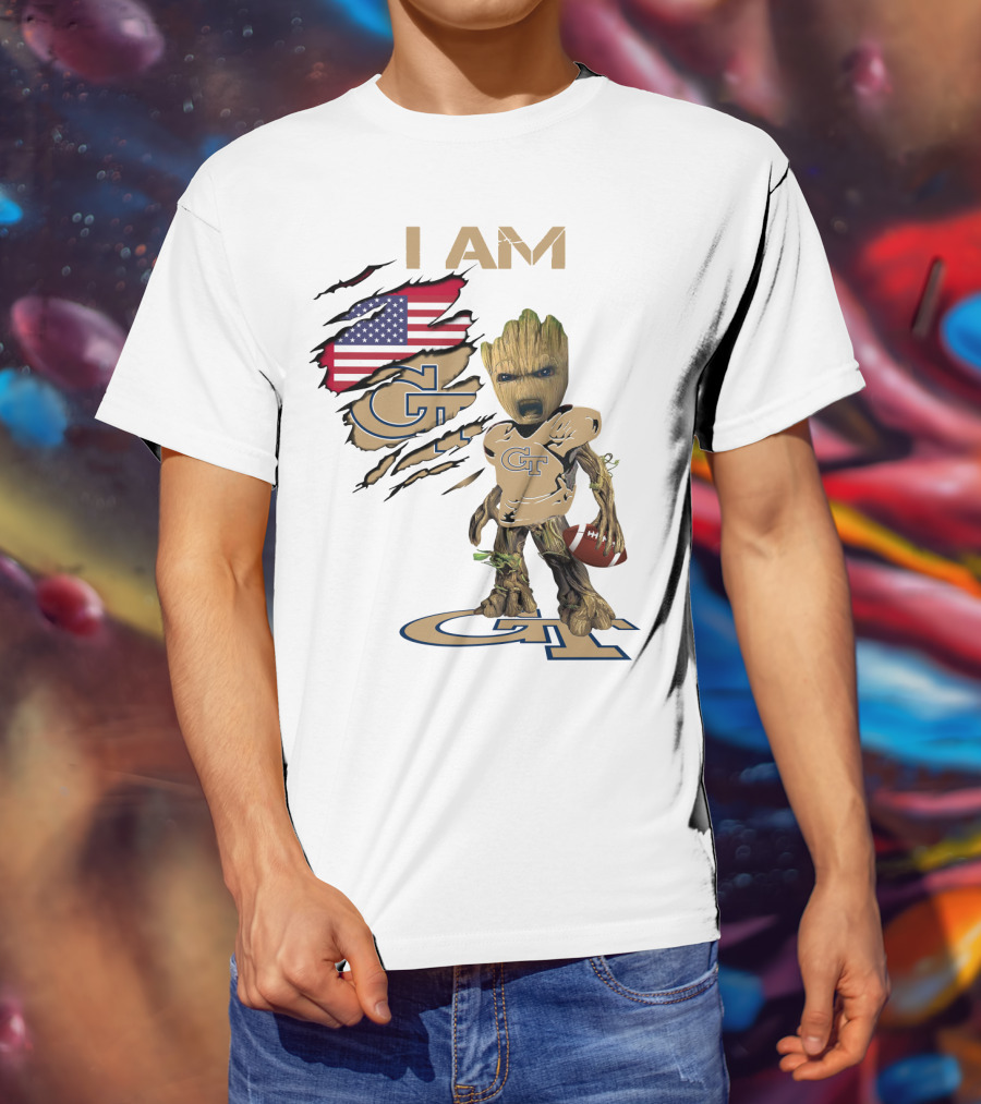 I AM Geo Baby Groot Football GT American Flag T-Shirt