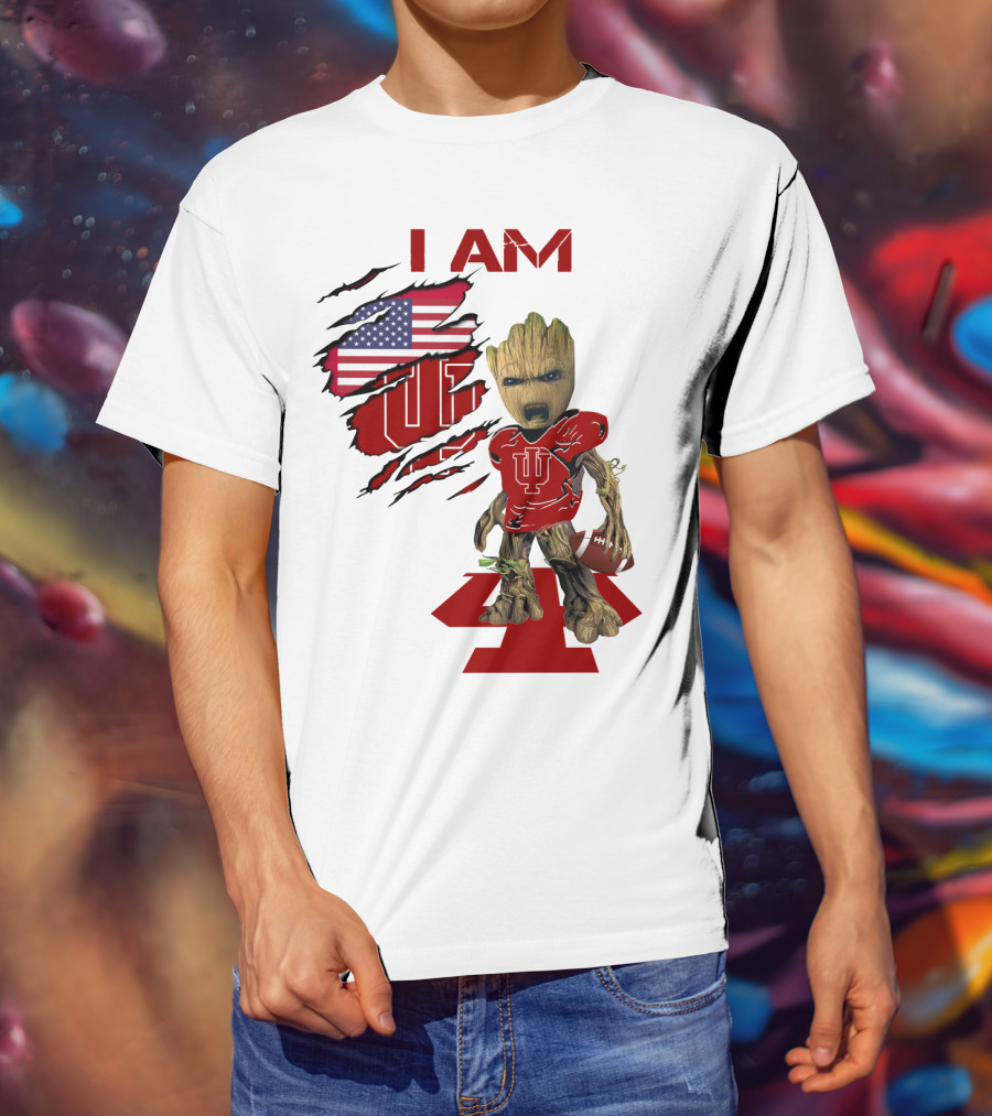 I AM Indiana Hoosiers Baby Groot Football USA Flag T-Shirt