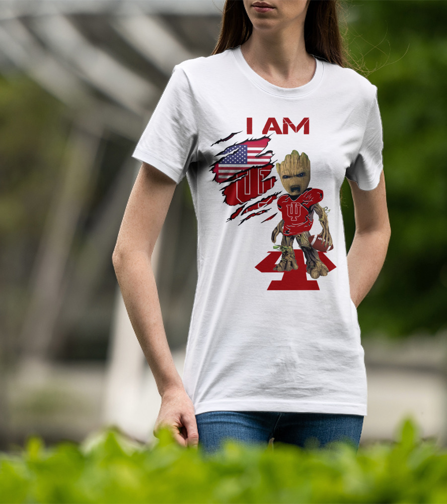 I AM Indiana Hoosiers Baby Groot Football USA Flag T-Shirt