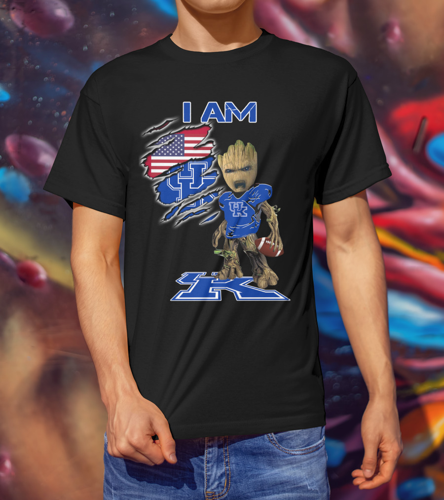 I Am Kentucky Uk Baby Groot American Flag Football Uk Wildcats Fan T-Shirt