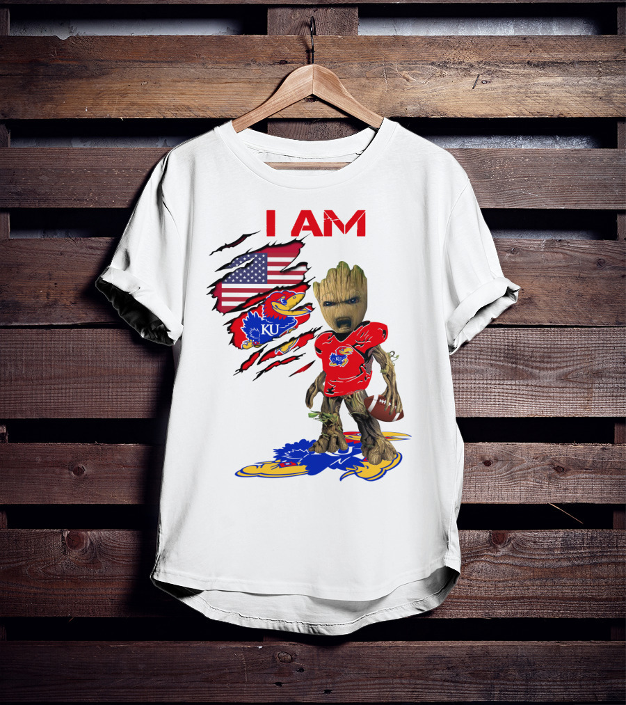 I AM Baby Groot KU Football Jayhawks American Flag T-Shirt