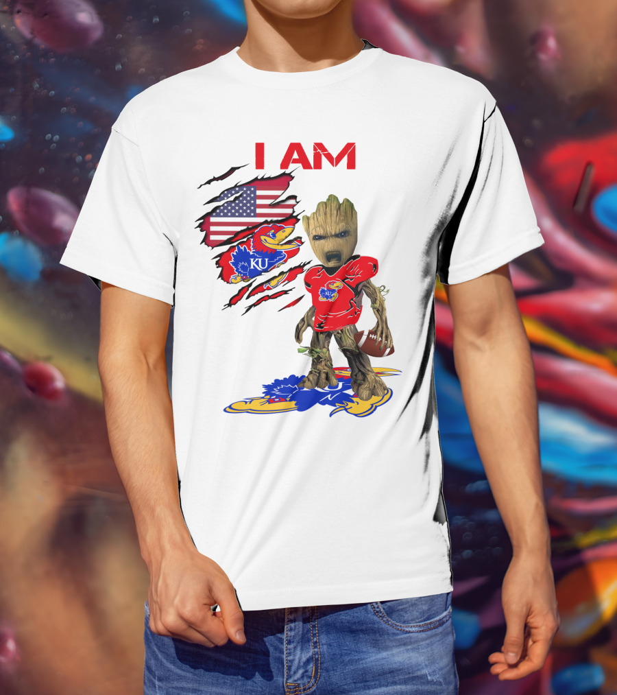 I AM Baby Groot KU Football Jayhawks American Flag T-Shirt