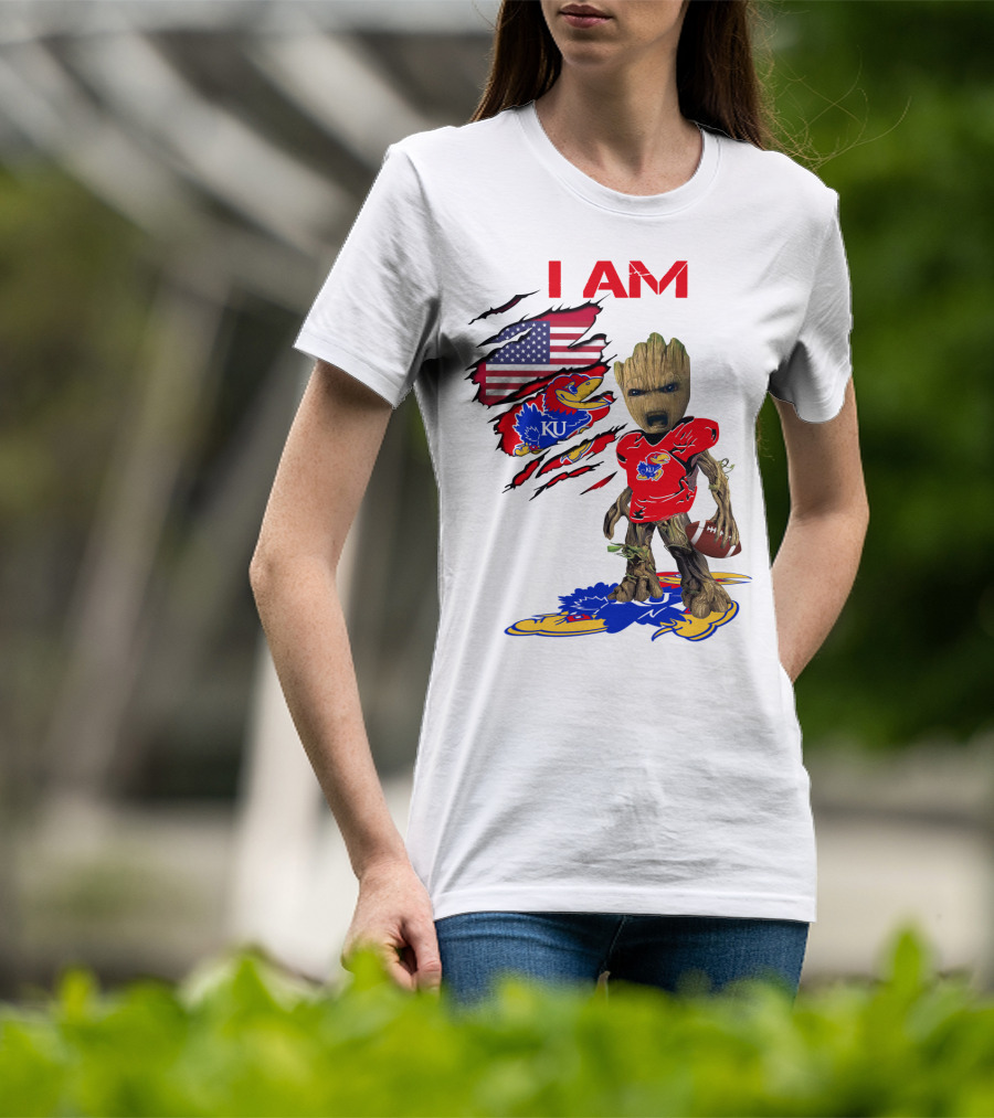 I AM Baby Groot KU Football Jayhawks American Flag T-Shirt