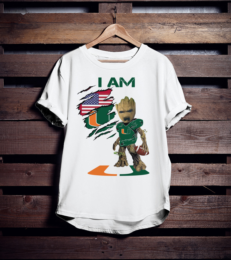 I AM Miami Hurricanes Baby Groot Football USA Flag T-Shirt