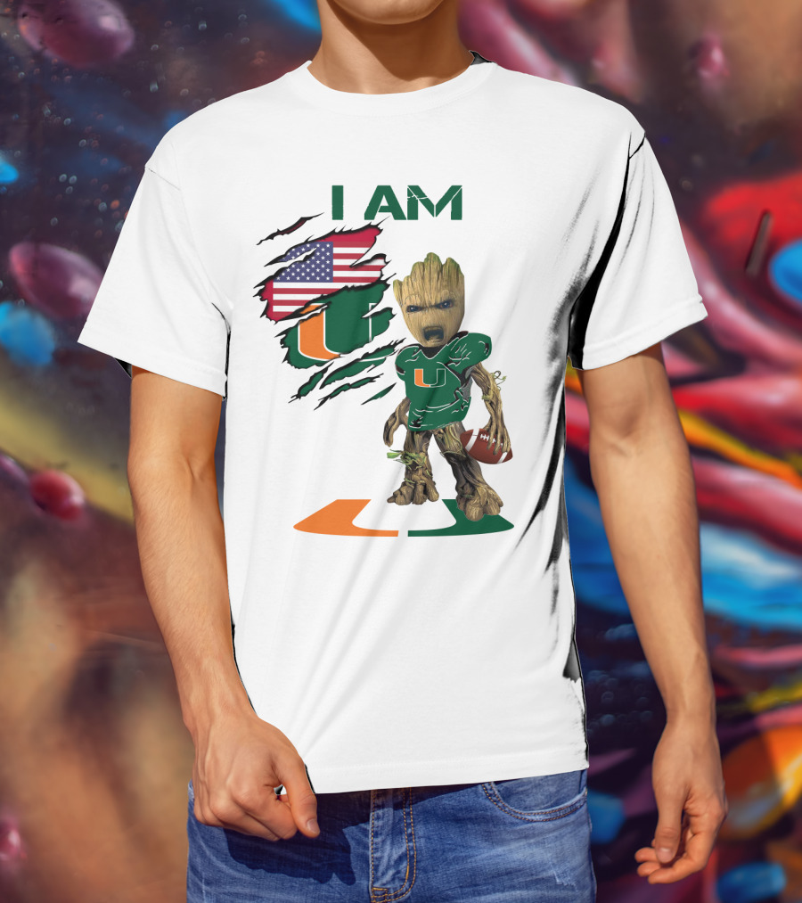 I AM Miami Hurricanes Baby Groot Football USA Flag T-Shirt