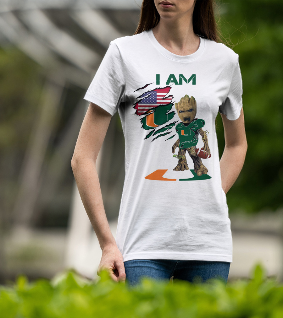 I AM Miami Hurricanes Baby Groot Football USA Flag T-Shirt