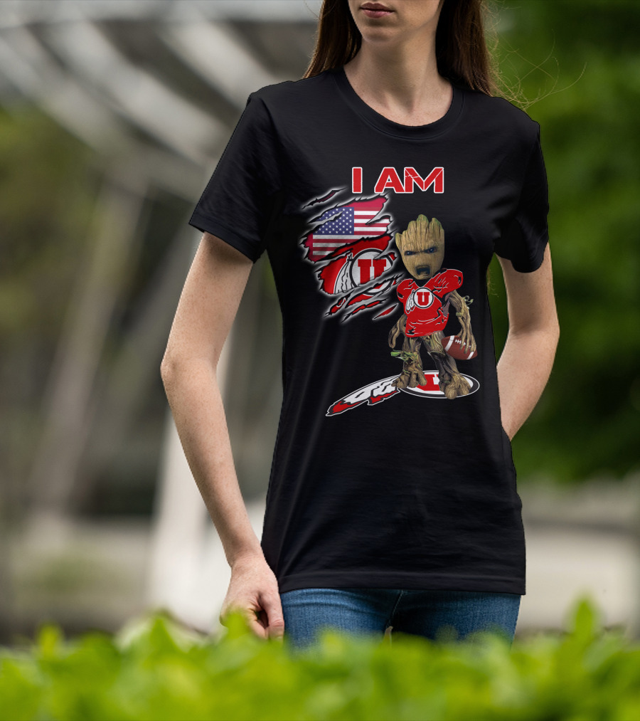 I AM Utes Baby Groot American Flag Football T-Shirt