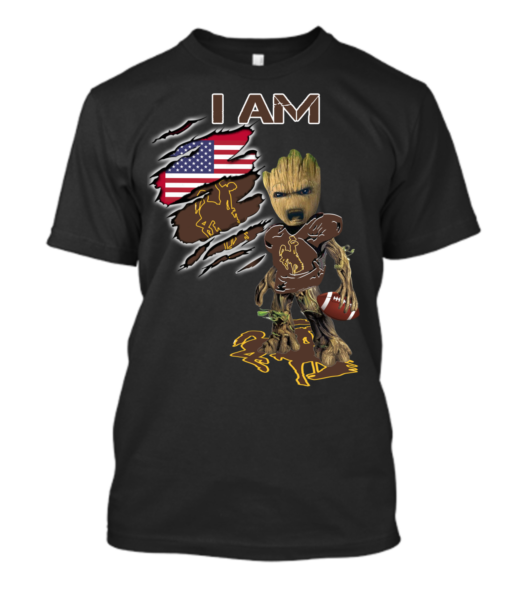 I Am Wyoming Baby Groot American Flag Cowboy Football Player T-Shirt