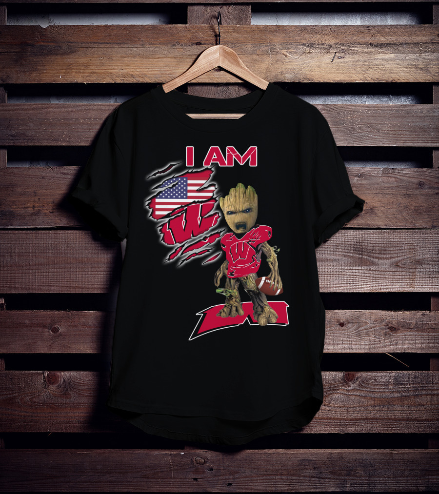 I Am Wisconsin Baby Groot Usa Flag Football W T-Shirt