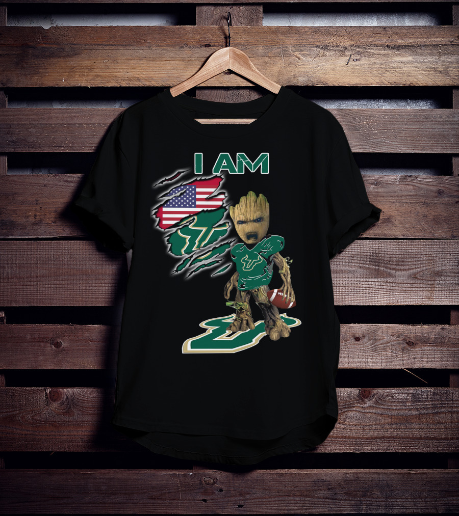I Am Usf Baby Groot Holding Football With Usa Flag And Bulls T-Shirt