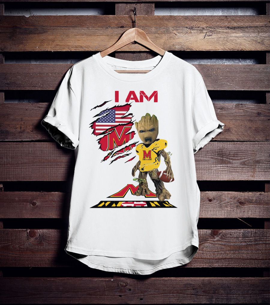 I Am Maryland Baby Groot Football M Logo American Flag T-Shirt