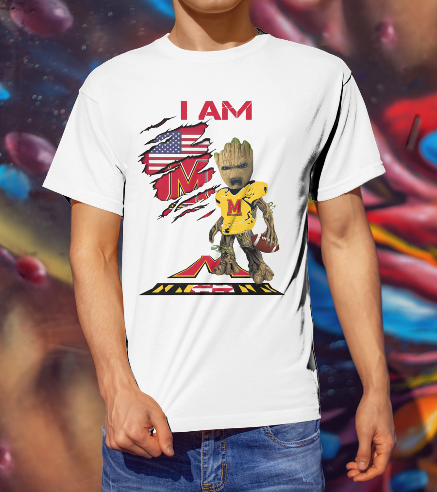 I Am Maryland Baby Groot Football M Logo American Flag T-Shirt