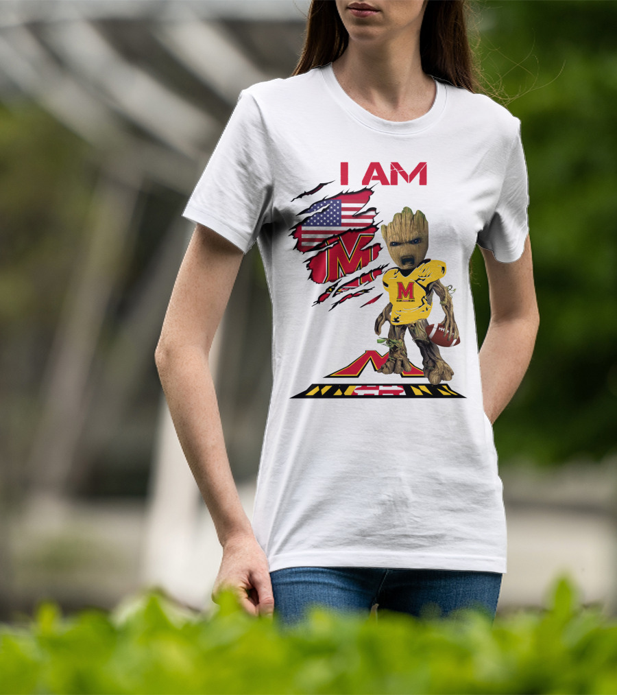 I Am Maryland Baby Groot Football M Logo American Flag T-Shirt