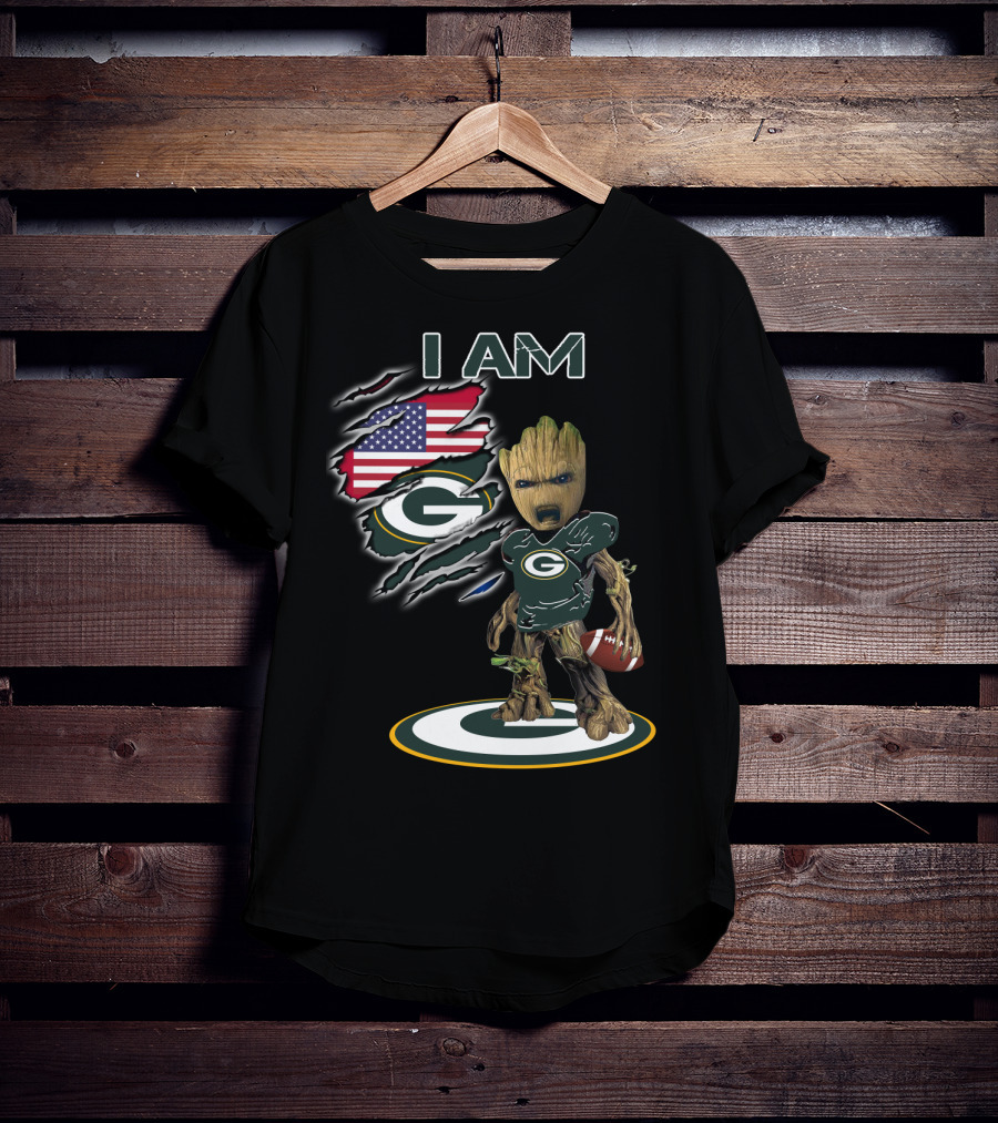 I Am Packers Baby Groot American Flag Football T-Shirt