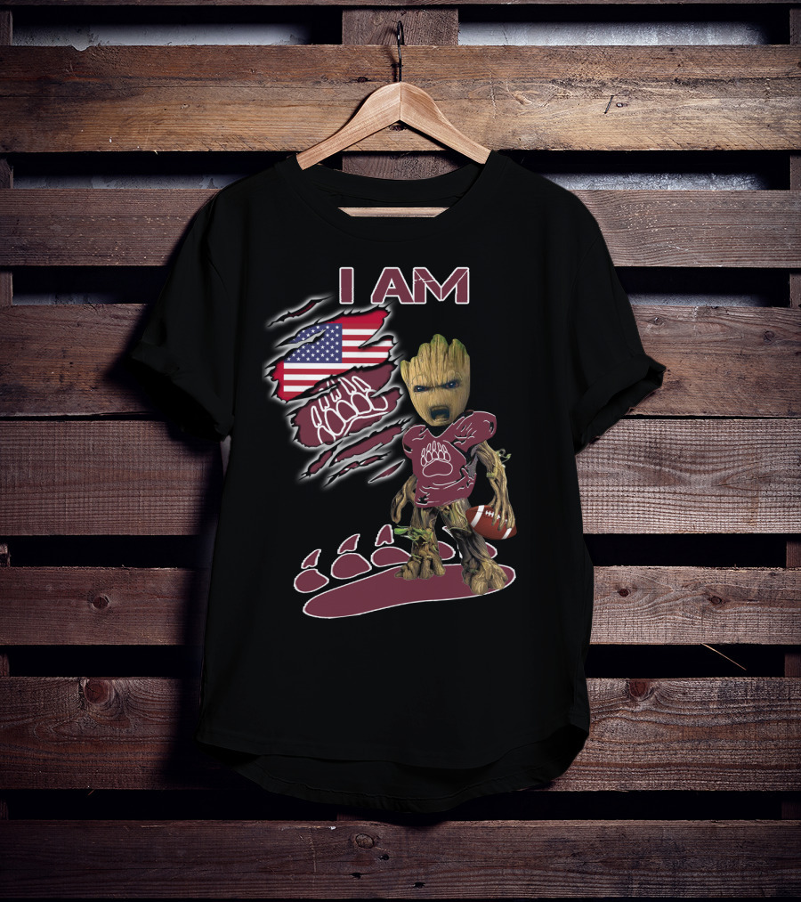 I AM American Flag Football Baby Groot Bear Paw T-Shirt