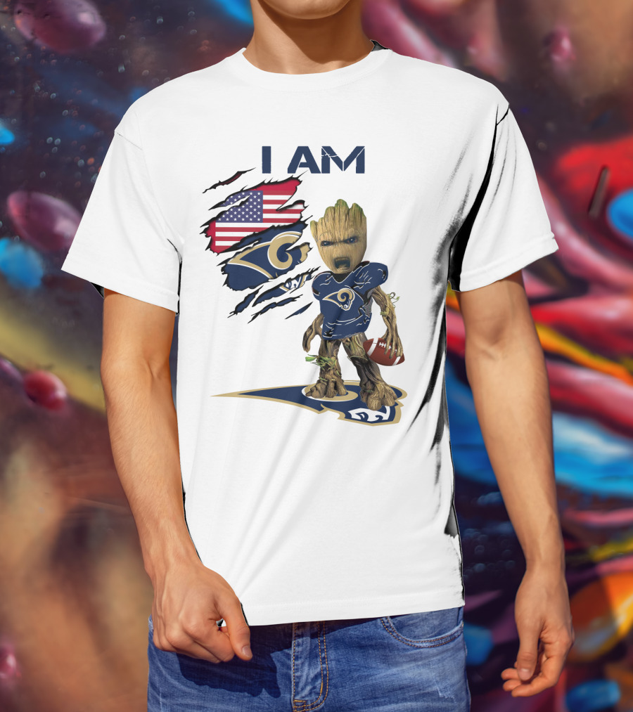 I AM Rams Baby Groot Football USA Flag T-Shirt