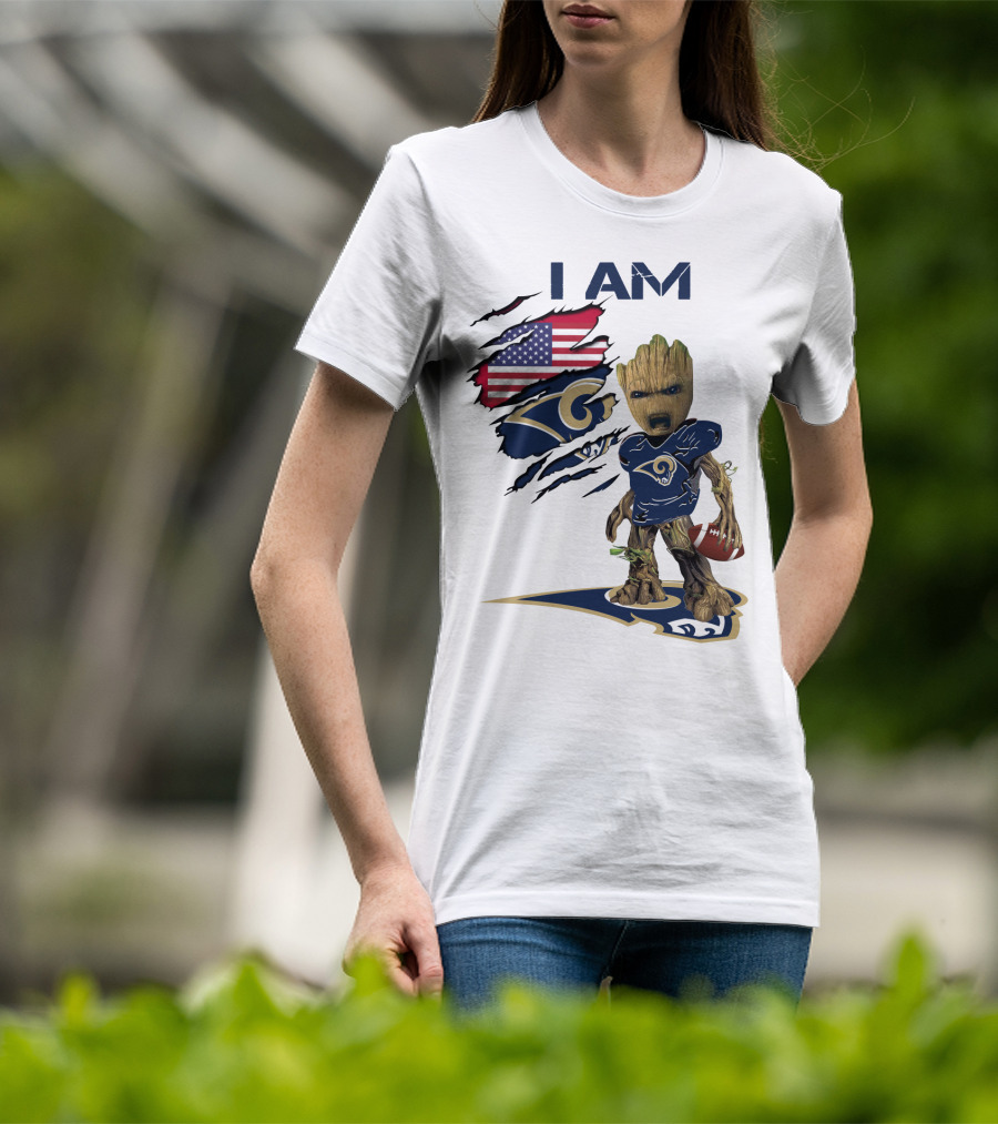 I AM Rams Baby Groot Football USA Flag T-Shirt