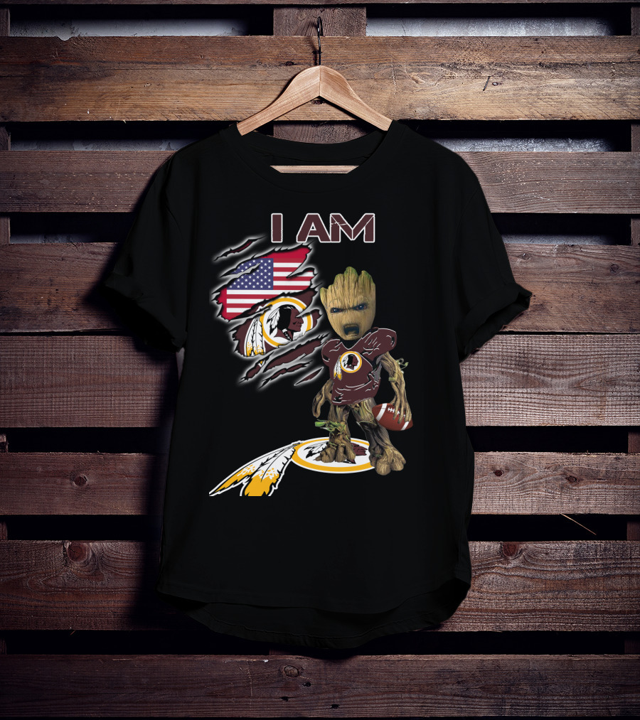I Am Redskins Baby Groot Football American Flag T-Shirt
