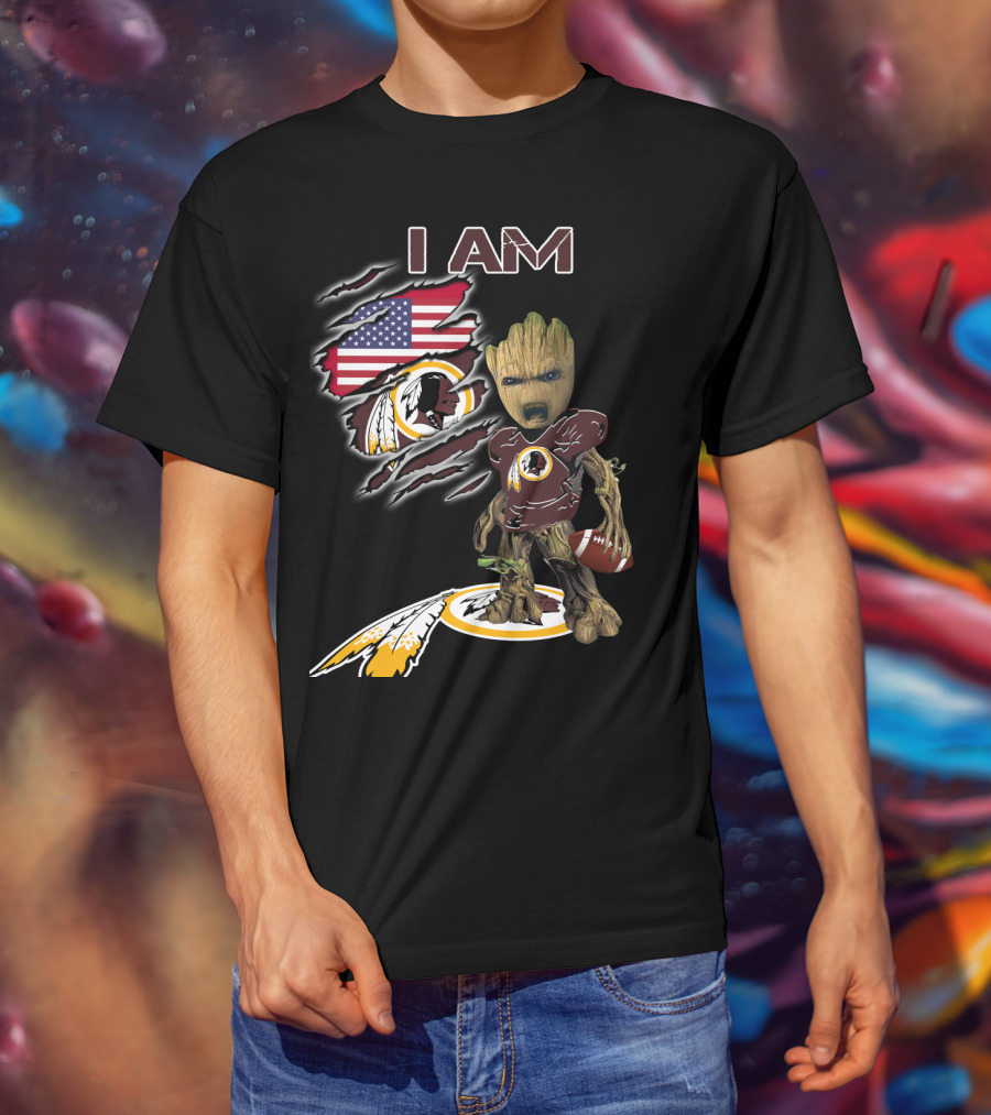 I Am Redskins Baby Groot Football American Flag T-Shirt