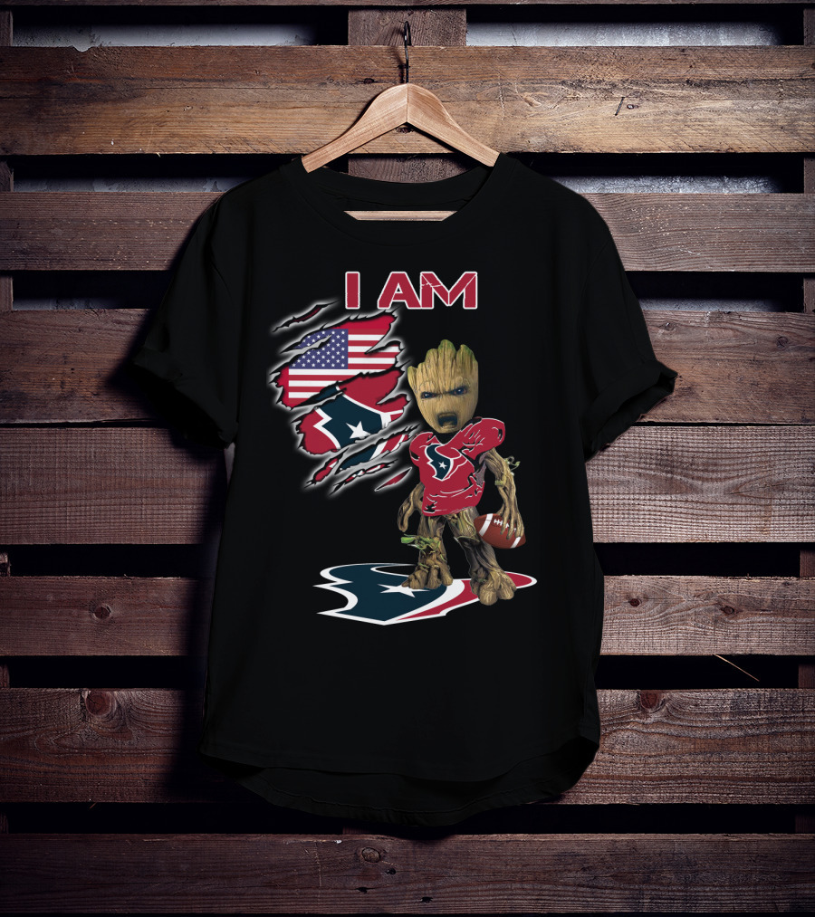 I Am Texans Baby Groot American Flag Football Fan T-Shirt