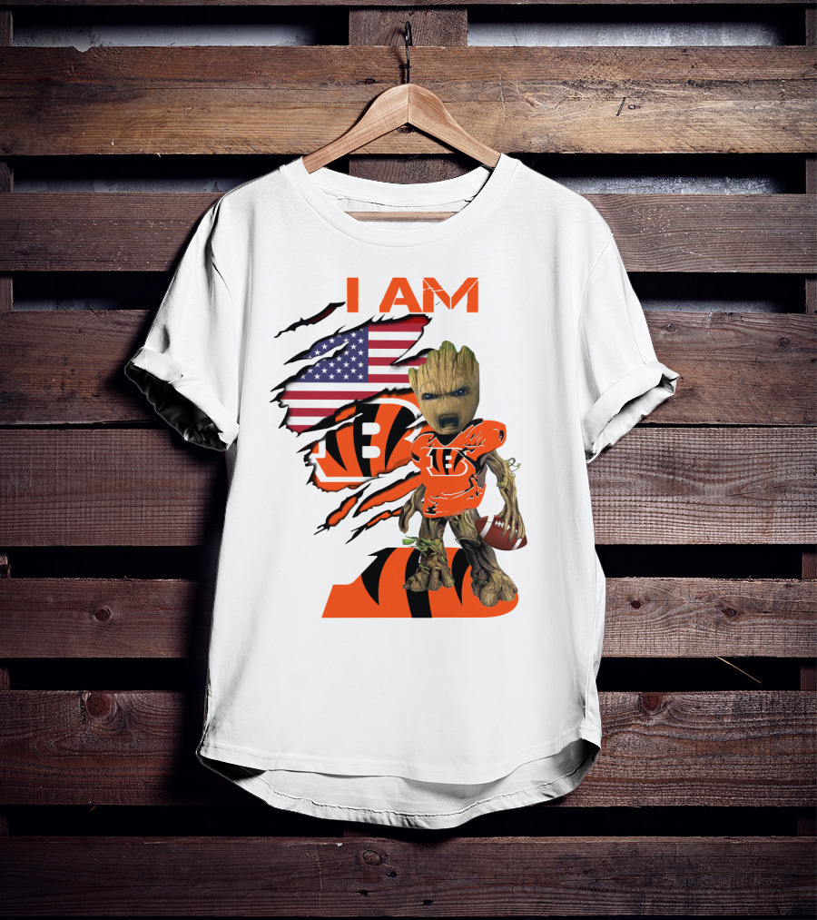 I AM Bengals Baby Groot Football USA Flag T-Shirt