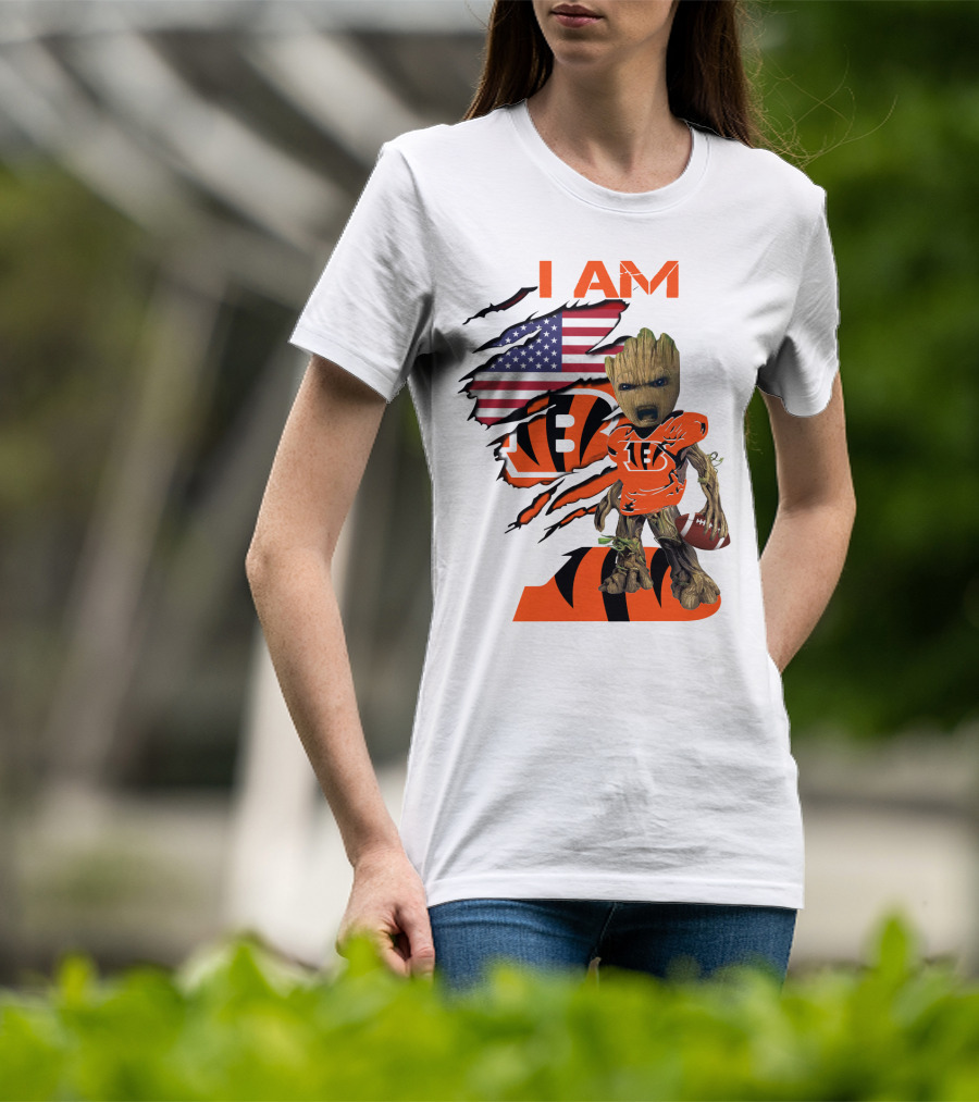 I AM Bengals Baby Groot Football USA Flag T-Shirt