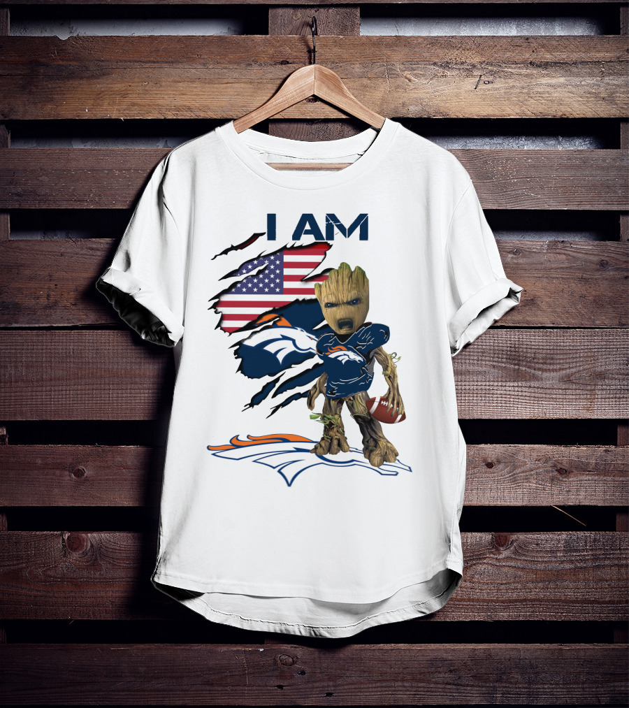 I Am Broncos Baby Groot American Flag Football T-Shirt