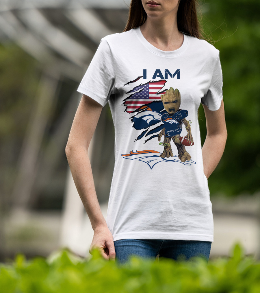 I Am Broncos Baby Groot American Flag Football T-Shirt