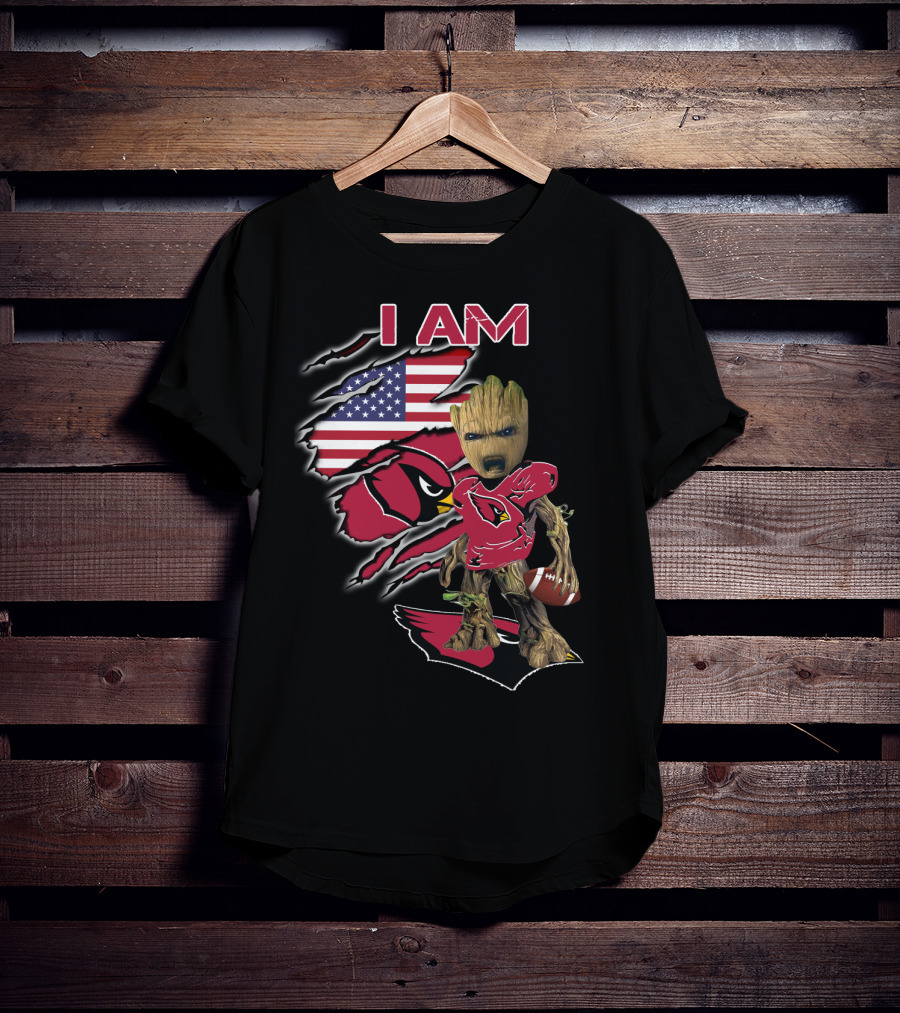 I Am Arizona Cardinals Baby Groot American Flag T-Shirt