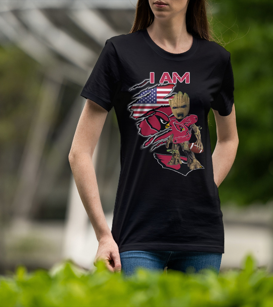 I Am Arizona Cardinals Baby Groot American Flag T-Shirt