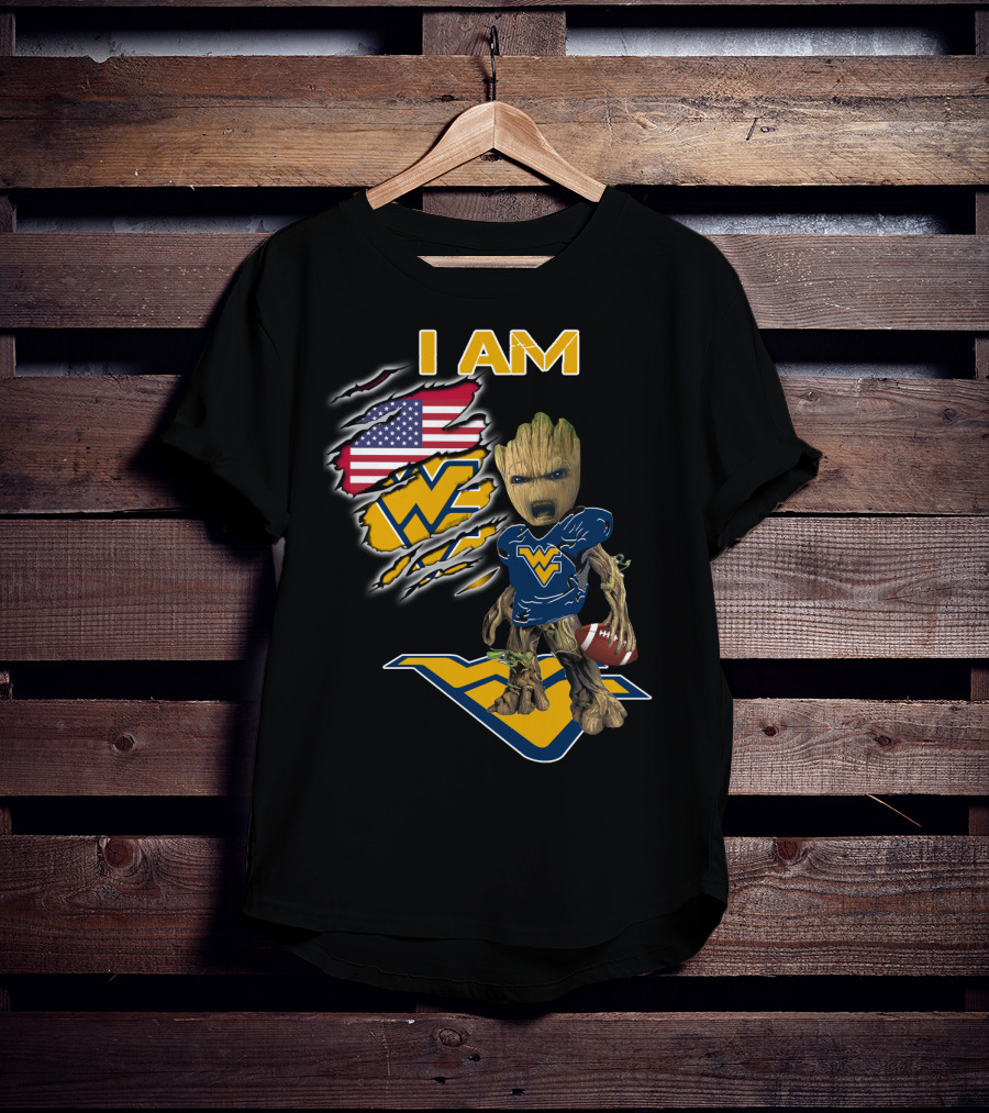 I AM West Virginia Mountaineers Baby Groot Football Fan USA Flag T-Shirt