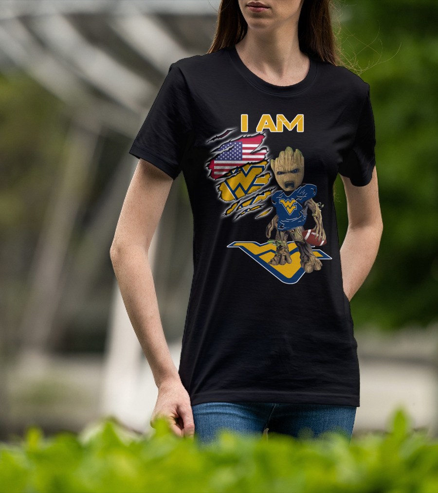I AM West Virginia Mountaineers Baby Groot Football Fan USA Flag T-Shirt