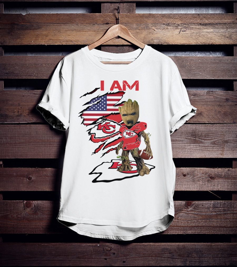 I Am Chiefs Baby Groot American Flag Football KC T-Shirt