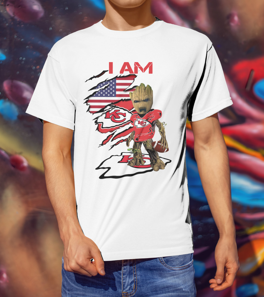 I Am Chiefs Baby Groot American Flag Football KC T-Shirt