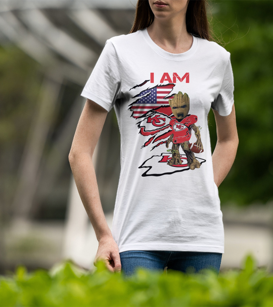 I Am Chiefs Baby Groot American Flag Football KC T-Shirt