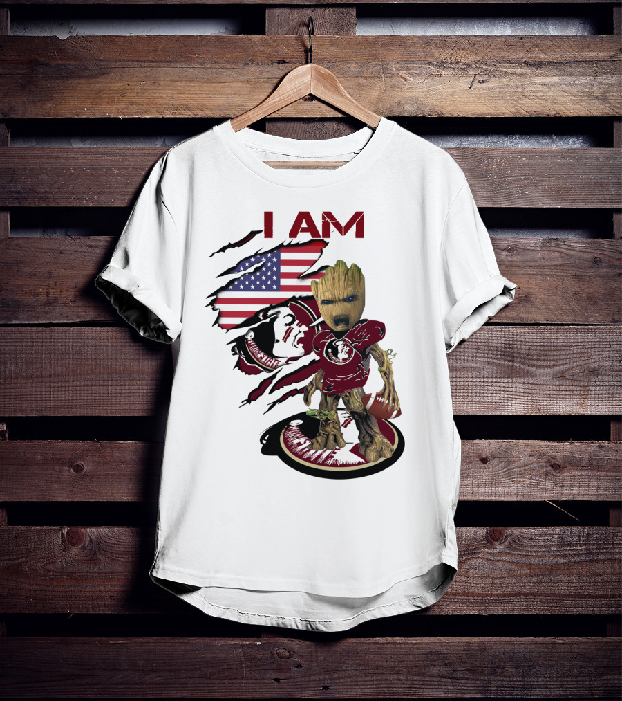 I Am Florida State University Baby Groot With American Flag And Football T-Shirt