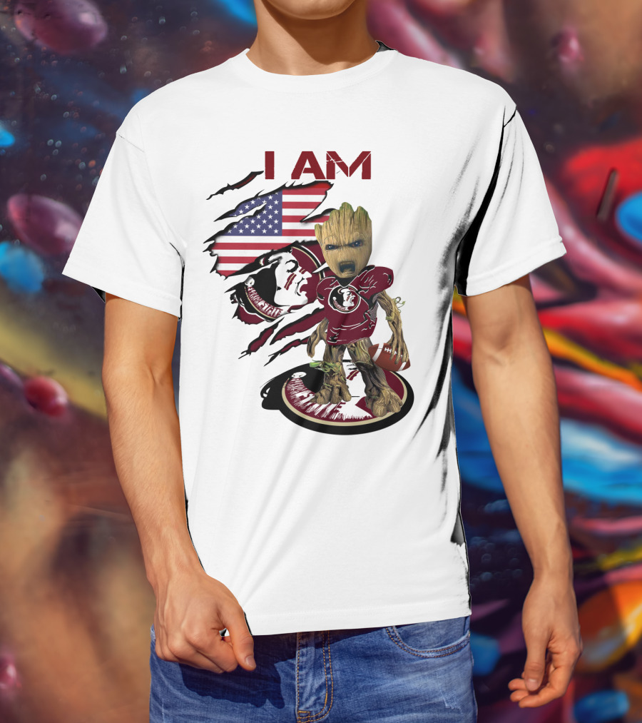I Am Florida State University Baby Groot With American Flag And Football T-Shirt